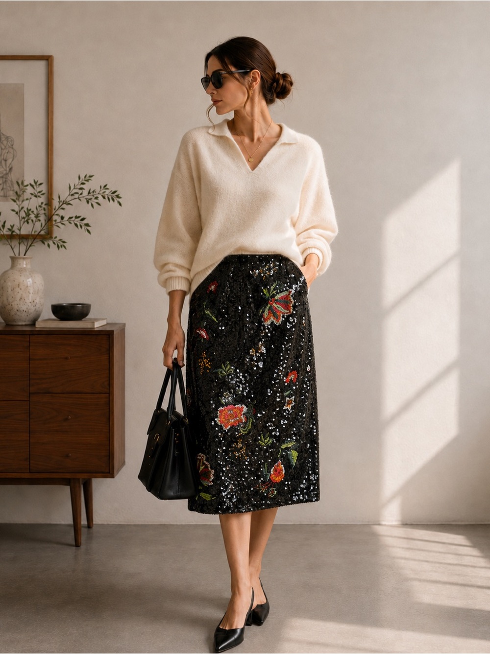 Maeve Anthropologie Black Sequin Floral Embroidered Straight Skirt Size 6